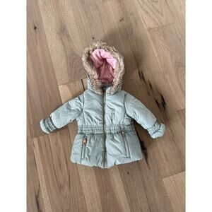 London Fog Girls Green Polka Dot Fleece Lined Faux Fur Hood Puff Winter Coat 18M